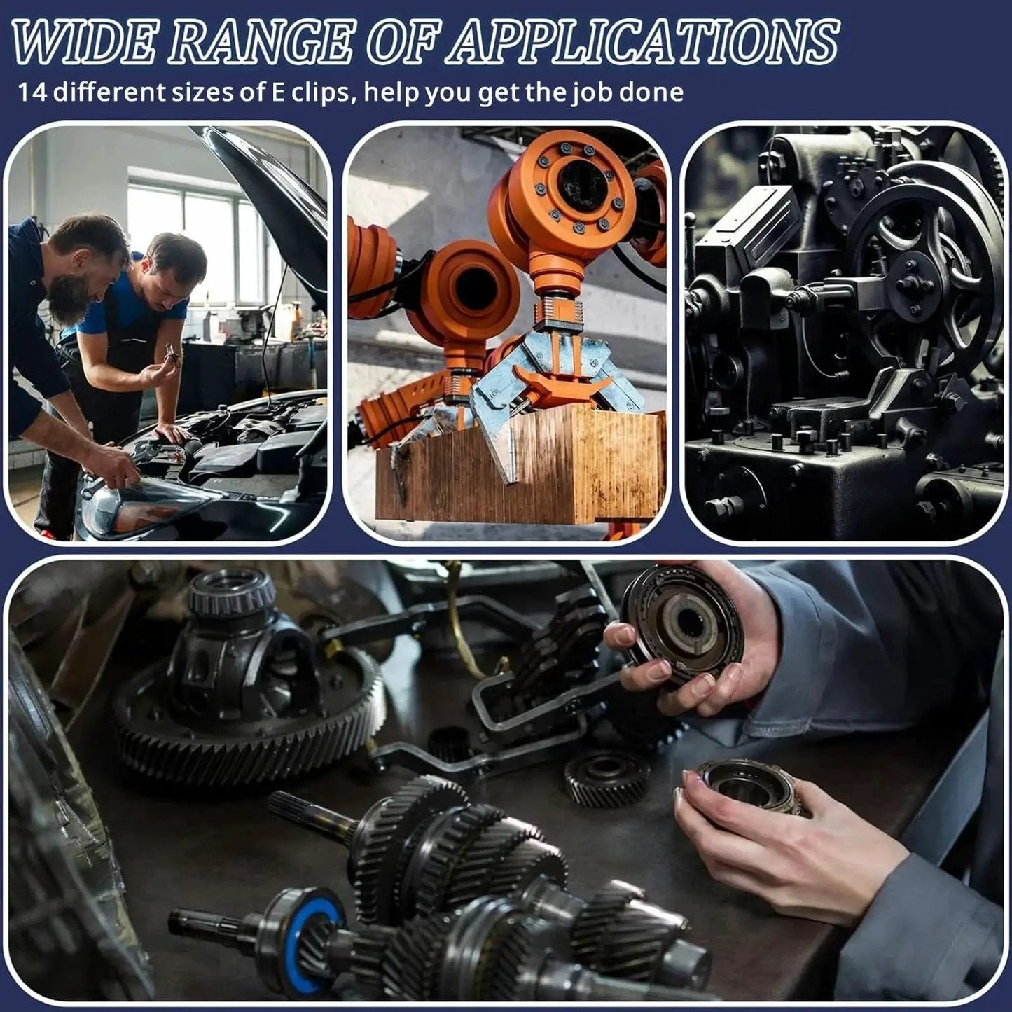 Collage showing automotive and machinery applications using 550 Piece E Clip And Snap Ring Assortment Kit In Black Carbon Steel.