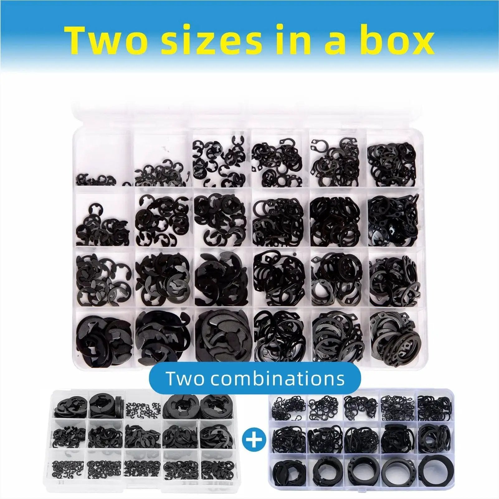 528Pcs E Clips And External Retaining Rings Set For DIY And Pro Grade Hardware, carbon steel kit in storage box with sections labeled two sizes
