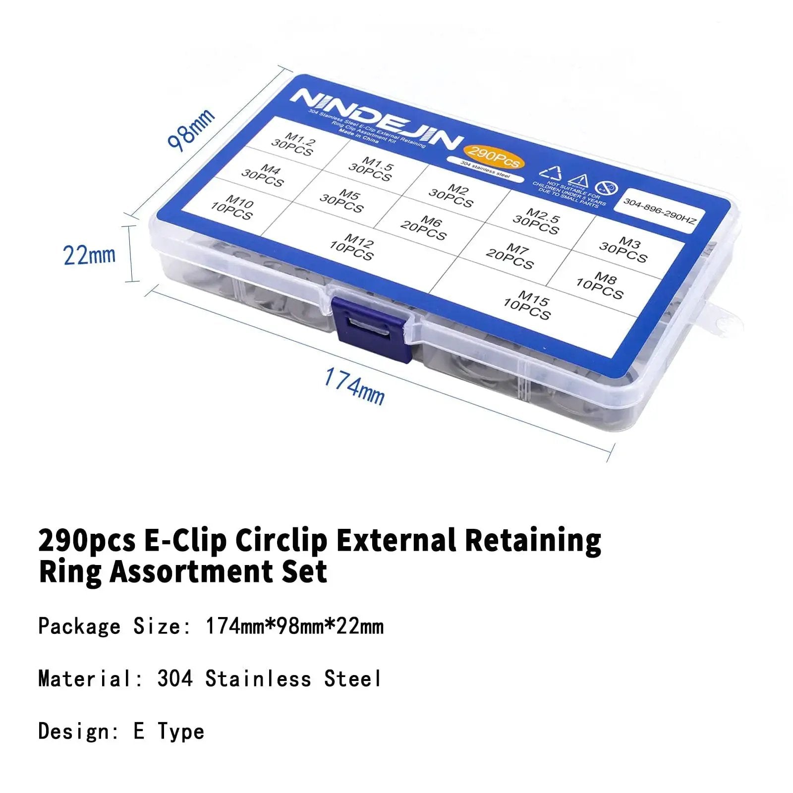 Premium E Clip Retaining Ring Set In 304 Stainless Steel For Cars Engines And Machinery, 290 pieces in a sturdy transparent box