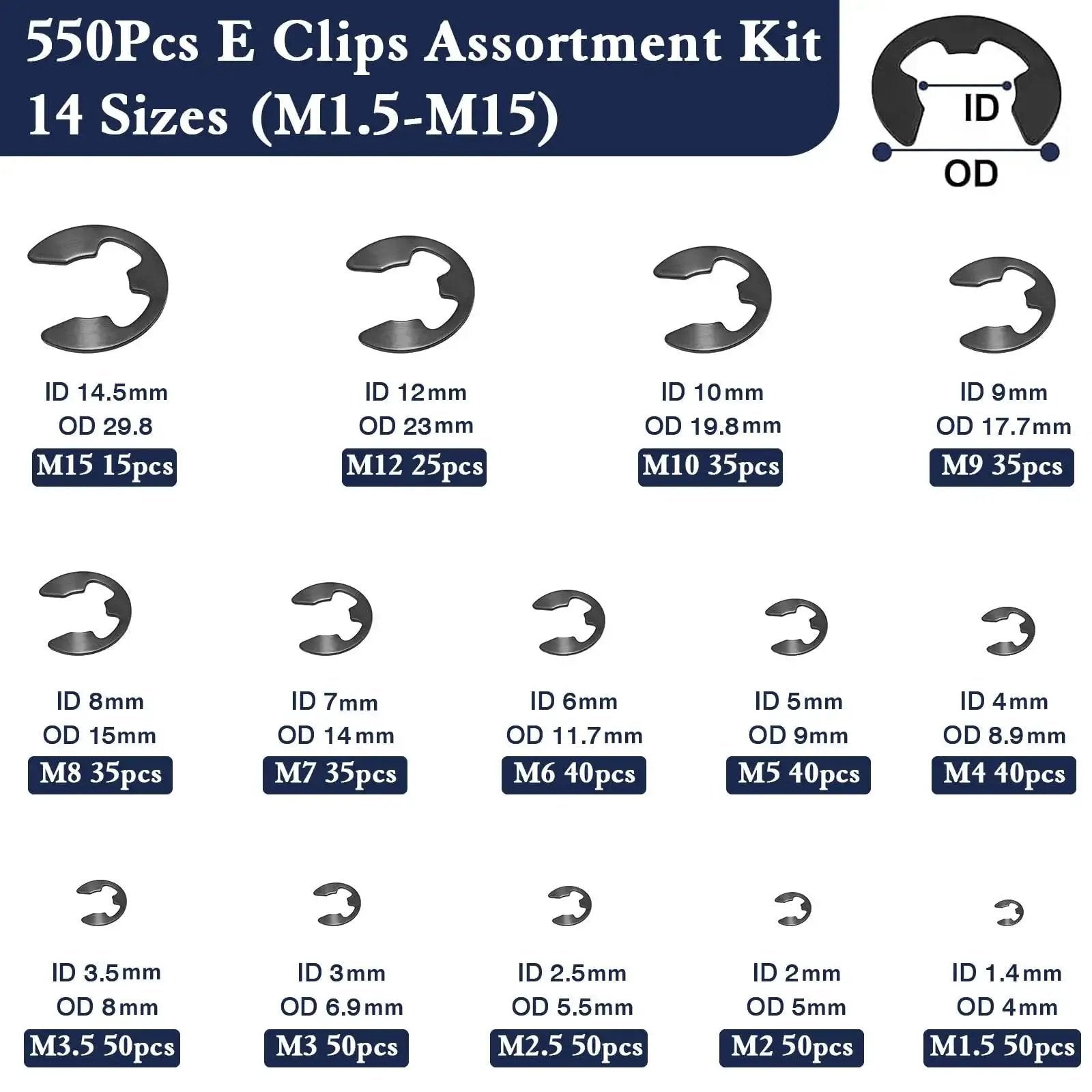 Visual guide of 550 Piece E Clip And Snap Ring Assortment Kit in black carbon steel with sizes M1.5 to M15 for automotive machinery.