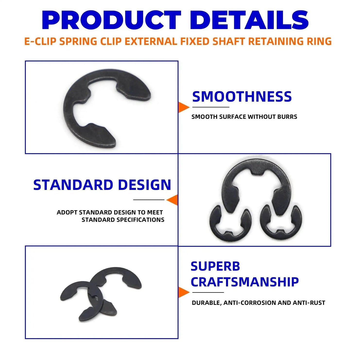 580Pcs E Clip Snap Ring Kit Built Tough For Pros and DIYers, 65Mn Steel External Retaining Rings, SAE M1.5 to M10, Product Details