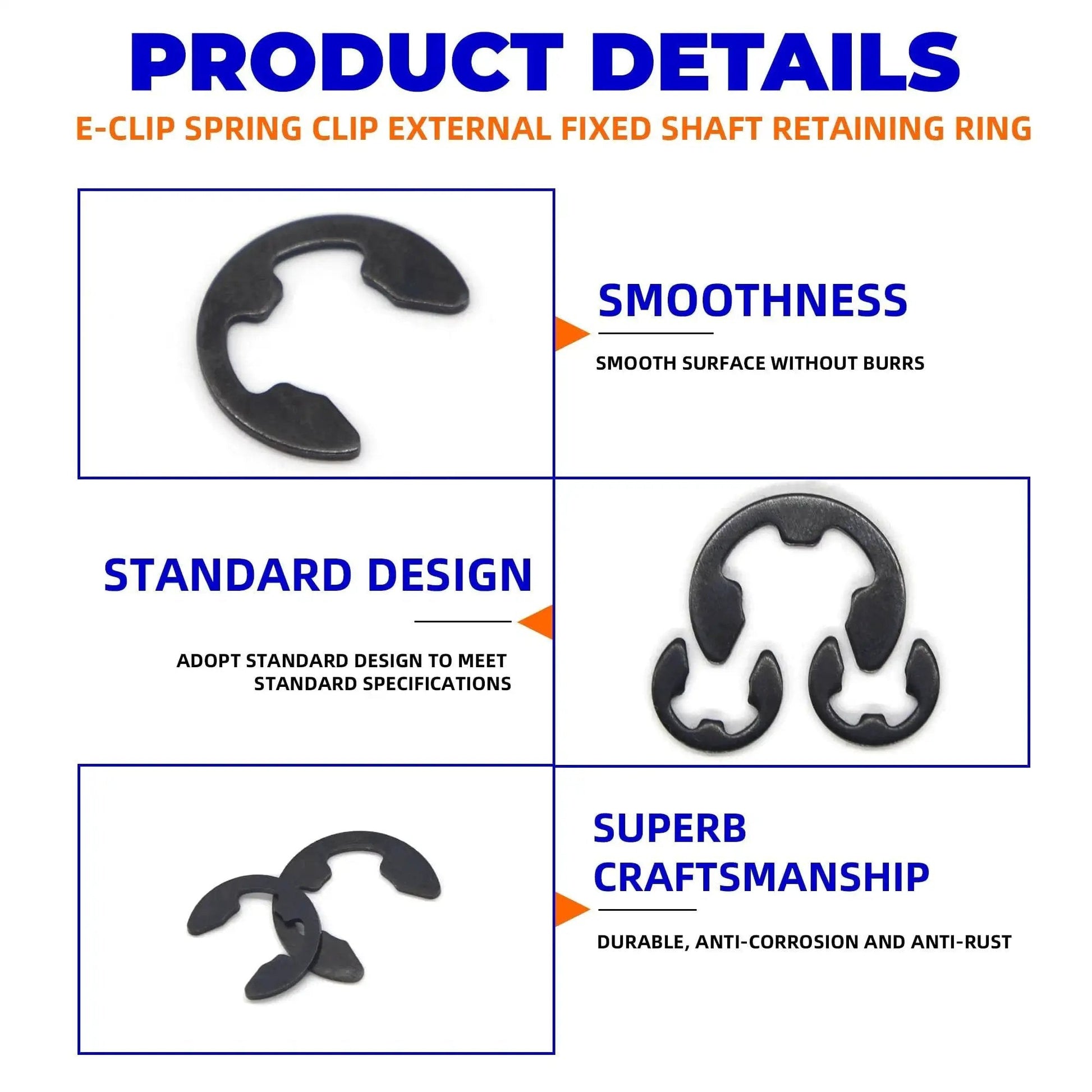 580Pcs E Clip Snap Ring Kit Built Tough For Pros and DIYers, 65Mn Steel External Retaining Rings, SAE M1.5 to M10, Product Details