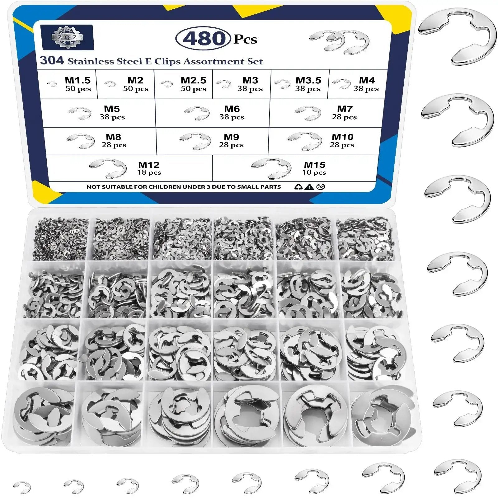 E Clip Snap Ring Assortment Kit 480Pcs M1.5 To M26 External Retaining Rings in 14 Sizes with Storage Case