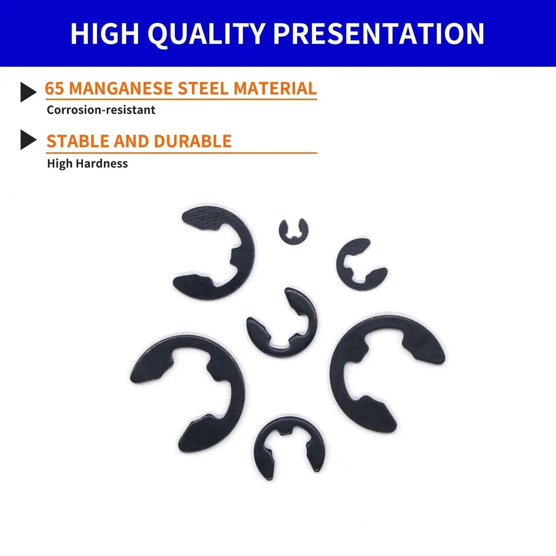 580Pcs E Clip Snap Ring Kit Built Tough For Pros And DIYers 65Mn Steel External Retaining Rings black oxide on white background