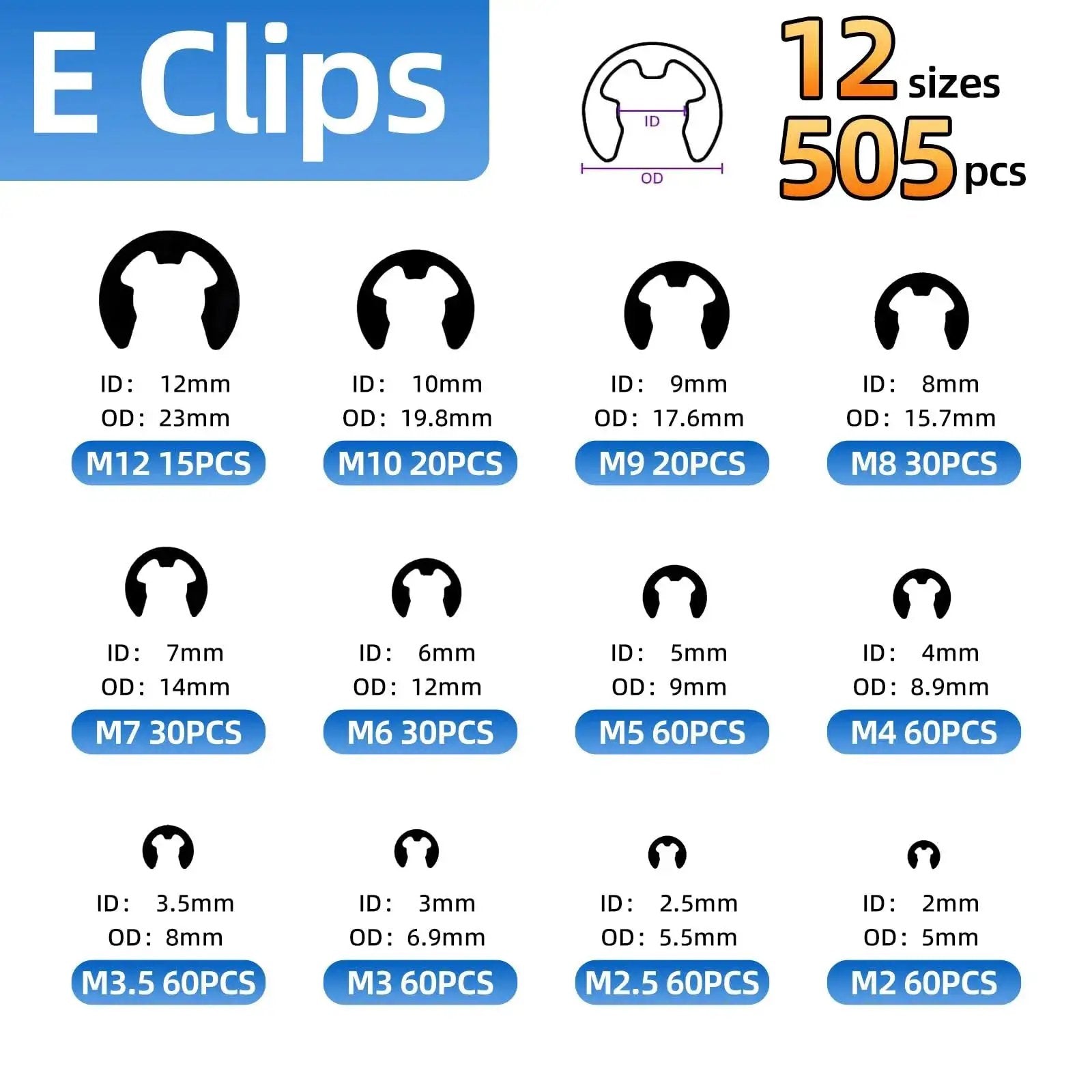 E clips chart showing 12 sizes and 505 pieces from 900 Piece Carbon Steel Retaining Rings Set With 24 Size C Clips And E Clips Assortment Kit