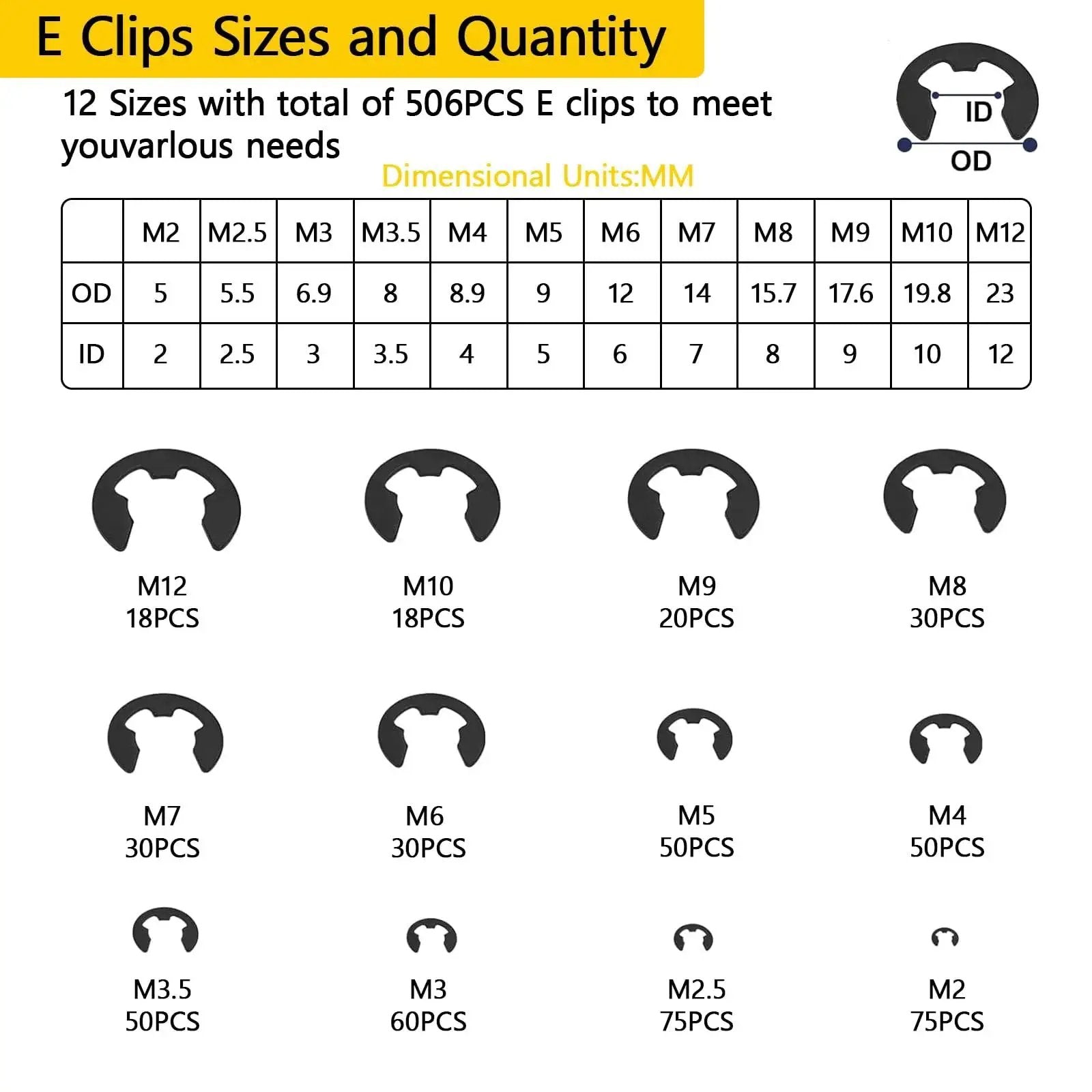 E clips sizes and quantity diagram from 900 Pcs C Clips And E Clips Assortment Kit With 24 Sizes External Retaining Rings Snap Rings Set In Black Carbon Steel