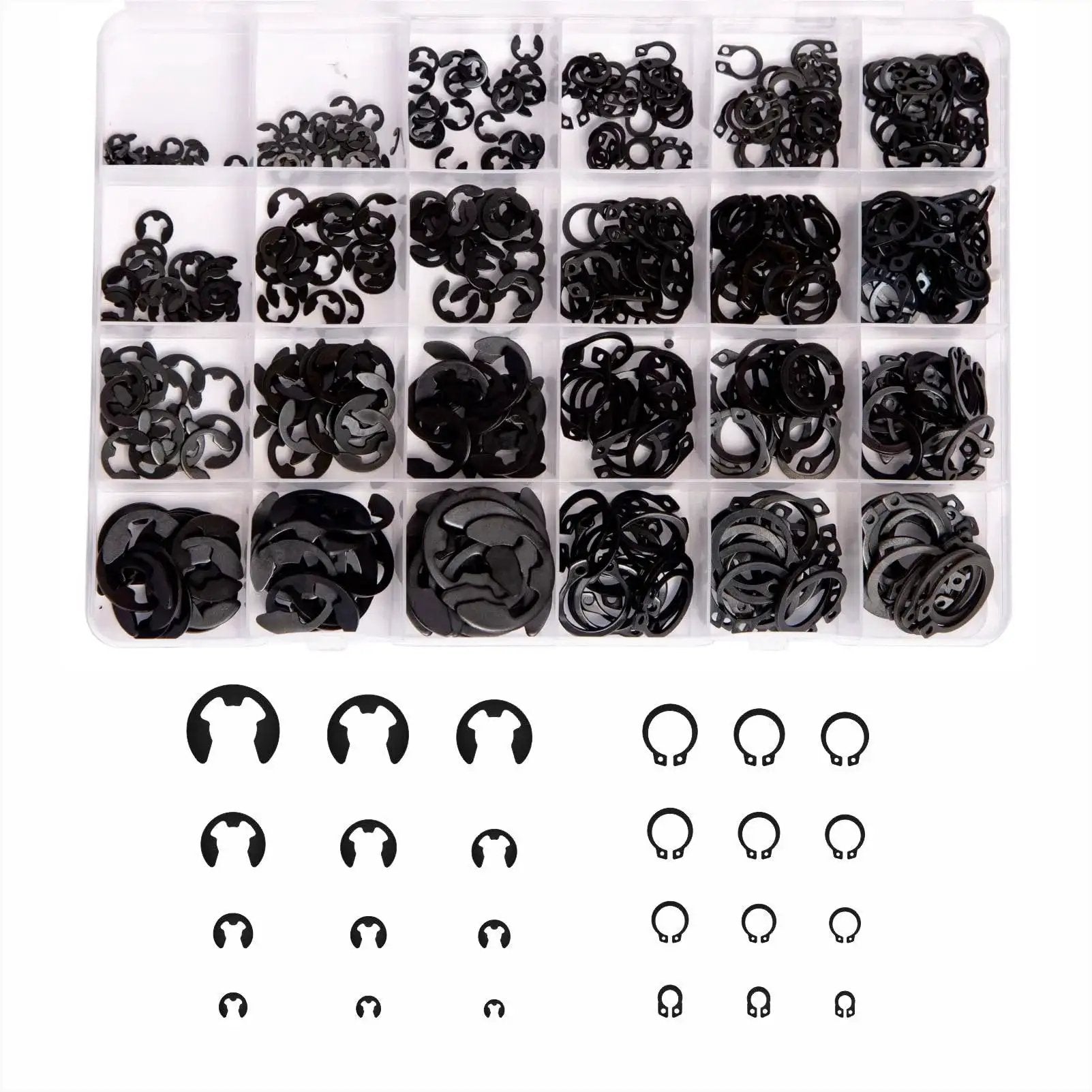 528Pcs E Clips And External Retaining Rings Set for DIY and Pro Grade Hardware, carbon steel kit with 24 sizes in plastic case.