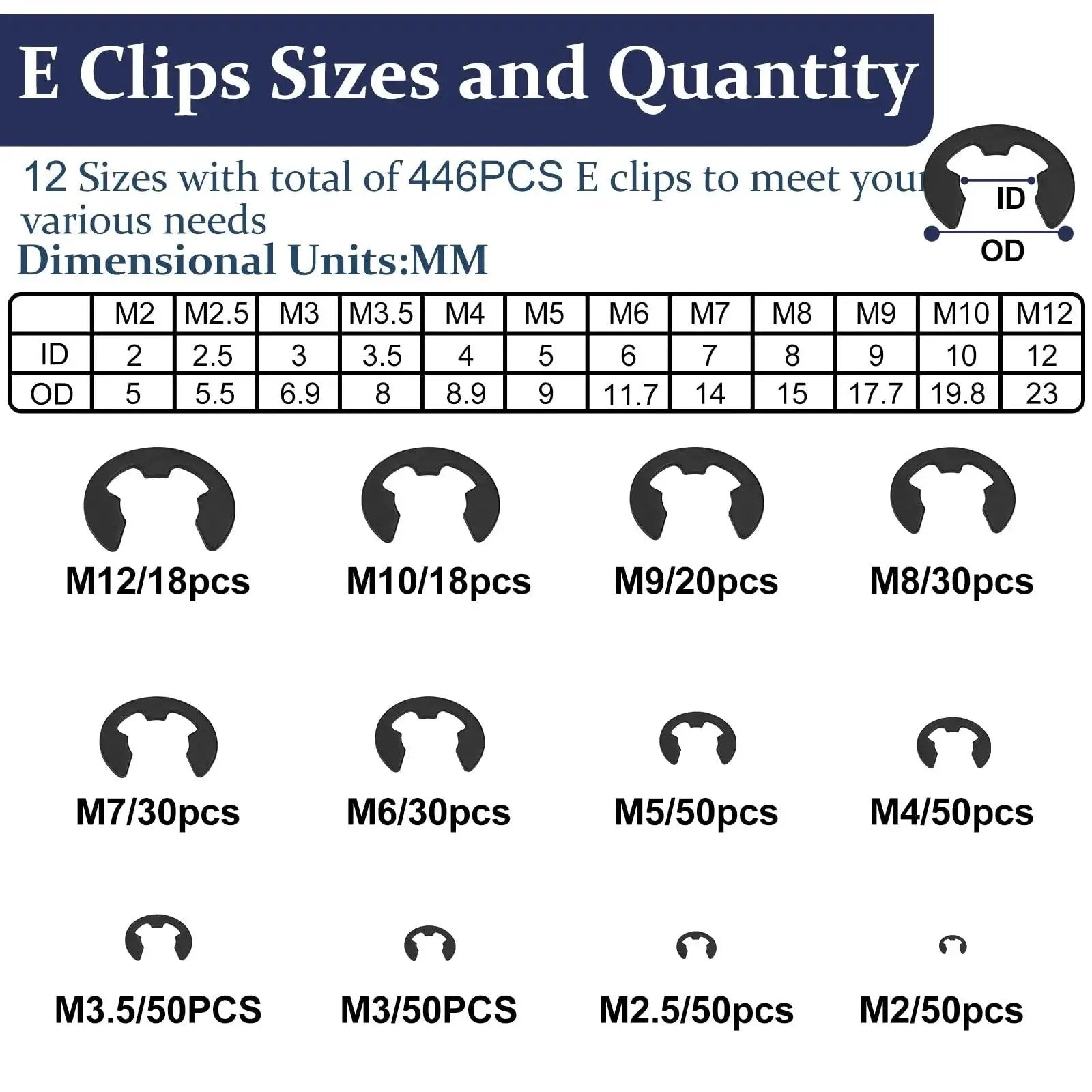 Diagram showing 12 sizes of E clips from the All In One C Clips And E Clips Kit For Machinery And DIY Projects ZQZ.
