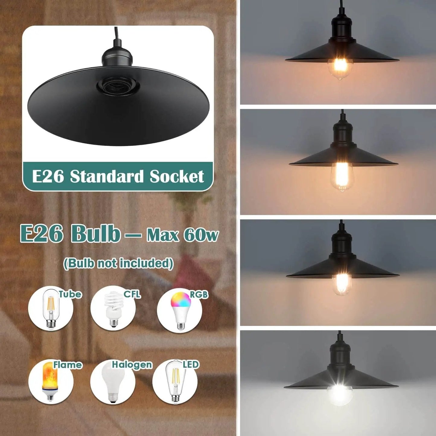 E26 standard socket light fitting with compatible bulb types, max 60W, black industrial lampshade shown in various lighting effects.