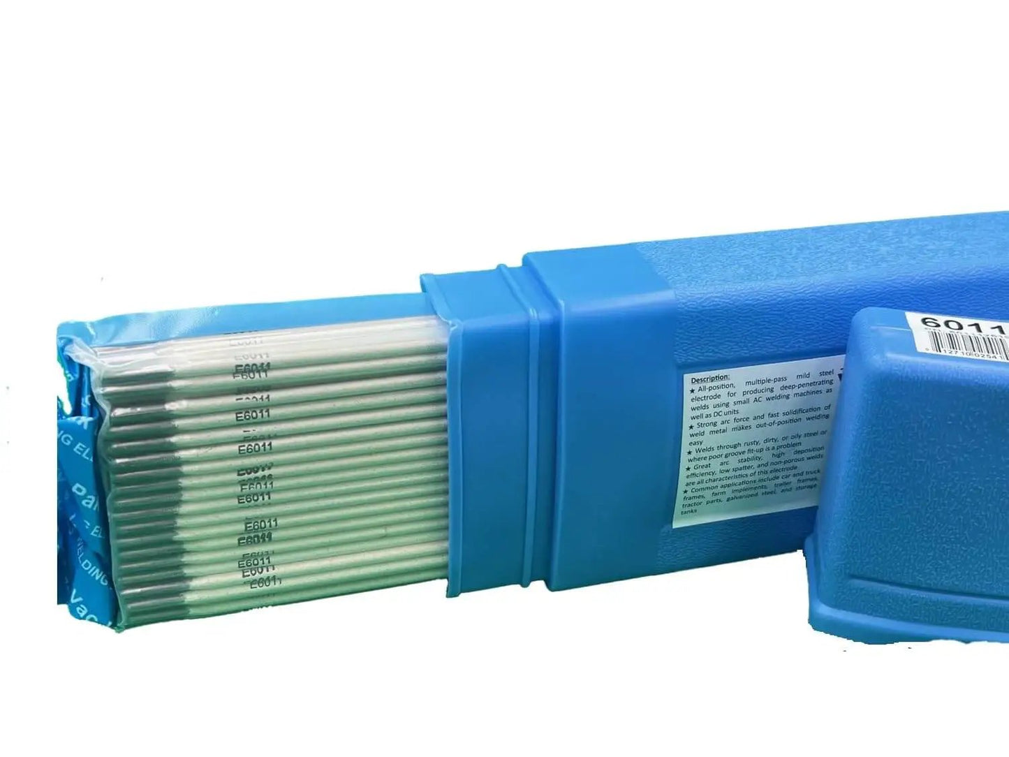 Blue case of All Position E6011 Welding Rod One Eighth Inch Electrodes Five Pound Box for deep penetration on mild steel, visible electrodes