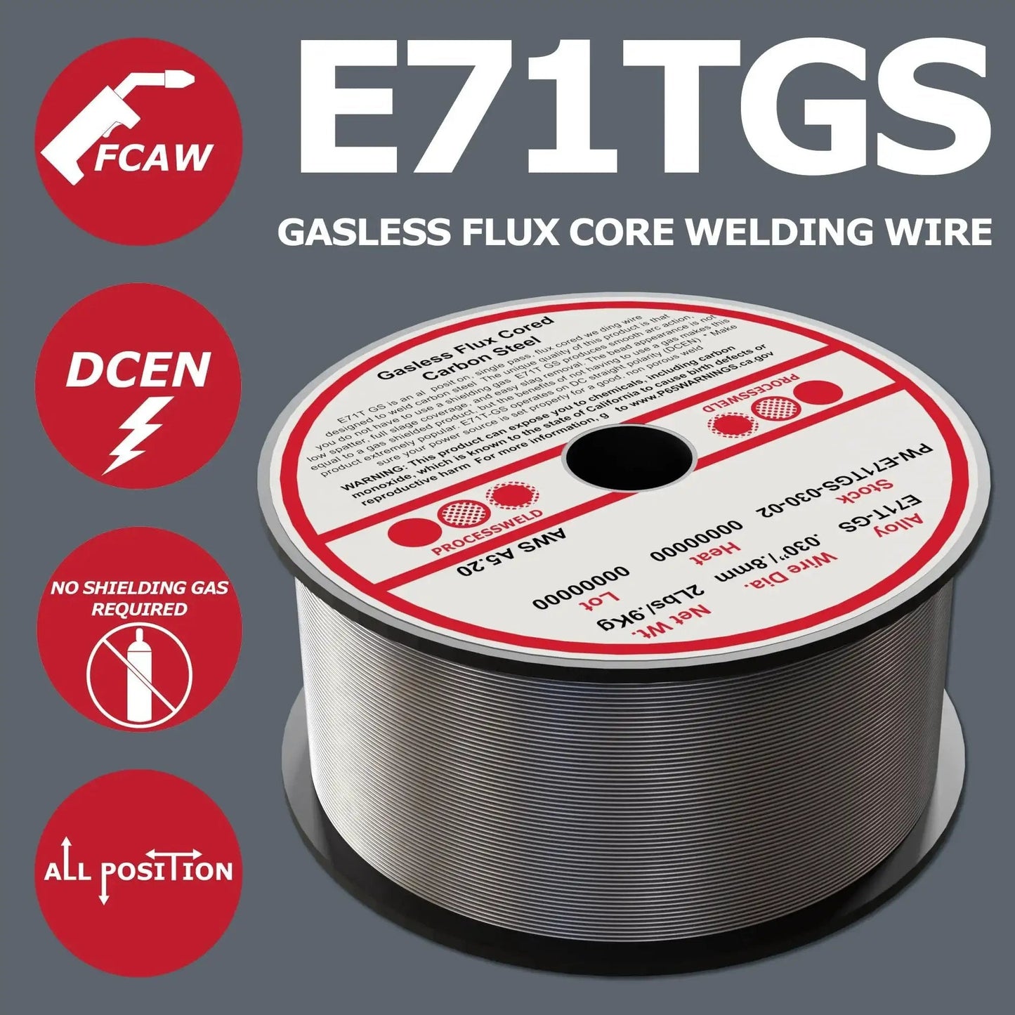 Gasless Flux Core MIG Wire For All Position Carbon Steel 0.030 Inch Diameter 10 Pound Spool with easy slag removal and porosity-free welds