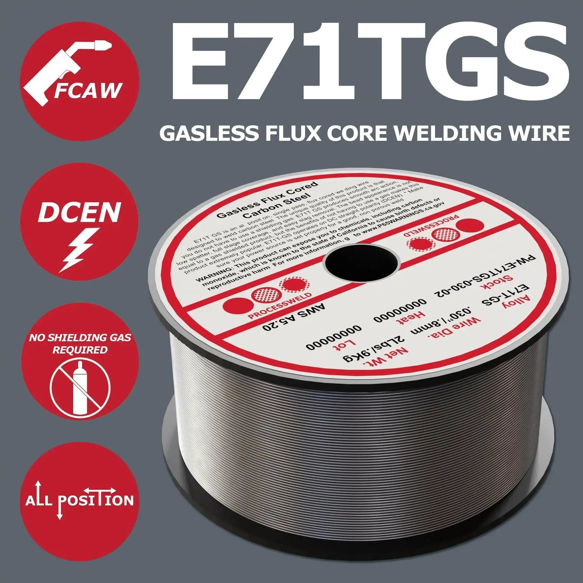 Gasless Flux Core MIG Wire For All Position Carbon Steel 0.030 Inch Diameter 10 Pound Spool with easy slag removal and porosity-free welds
