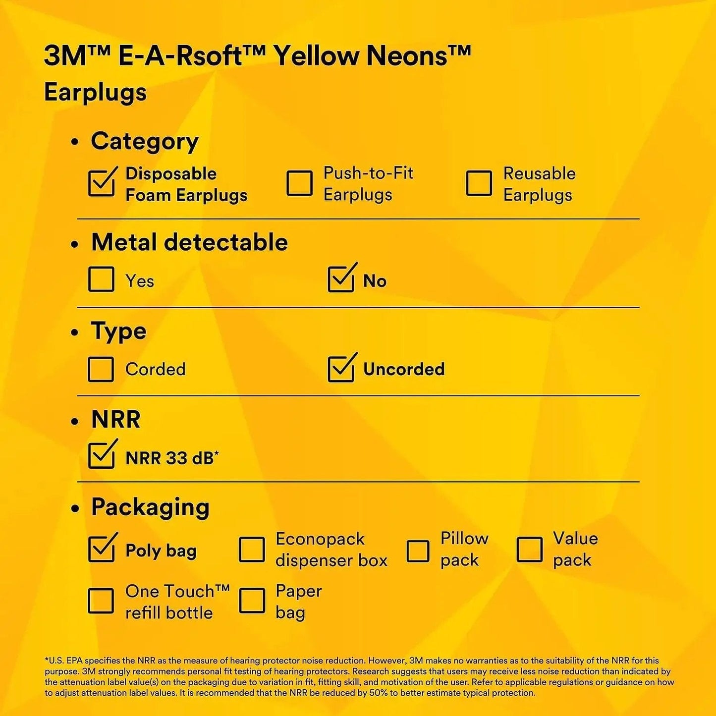 Product features of E-A-Rsoft Yellow Neons Disposable Ear Plugs, 33 dB NRR, uncorded, in poly bag packaging.
