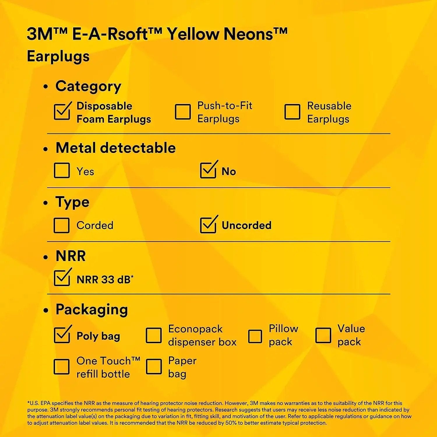 Product features of E-A-Rsoft Yellow Neons Disposable Ear Plugs, 33 dB NRR, uncorded, in poly bag packaging.