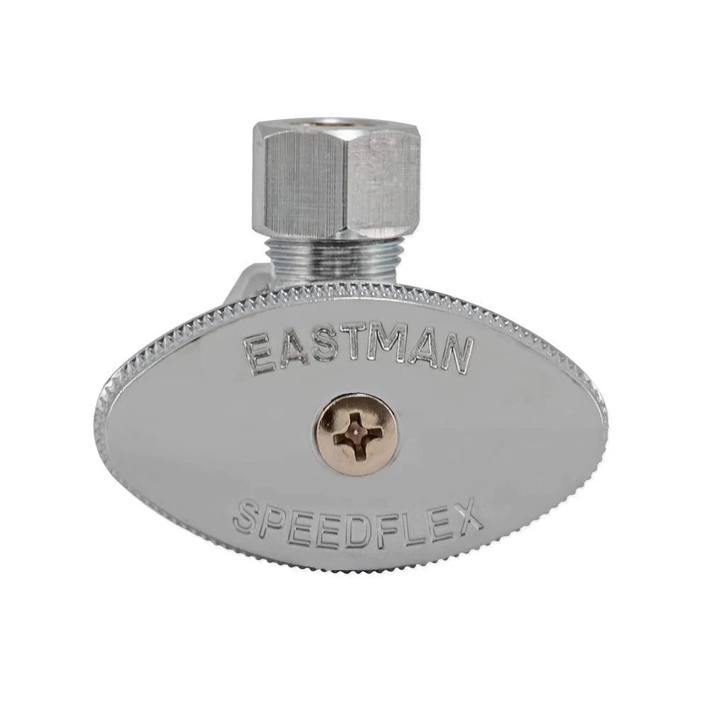 Easy Shut Off Chrome Brass Multi-Turn Angle Stop Valve For Three Eighth Inch OD To Five Eighth Inch OD Compression Lines, Leak Proof Design, Ideal For Under Sink And Bathroom Fixtures, Quick Install, Chrome Finish, Model 04348LF By Eastman - Close-up front view of valve.