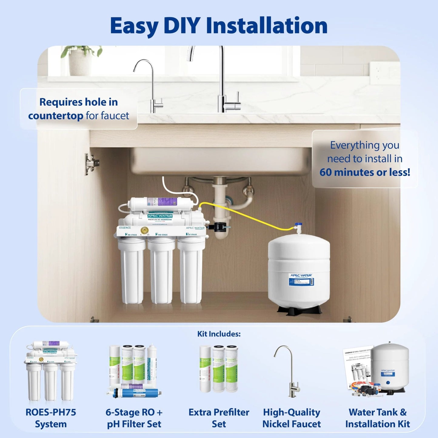 Essence Series Alkaline Mineral PH Plus 75 GPD 6 Stage Reverse Osmosis Drinking Water Filter System By APEC Water Systems installed under sink.