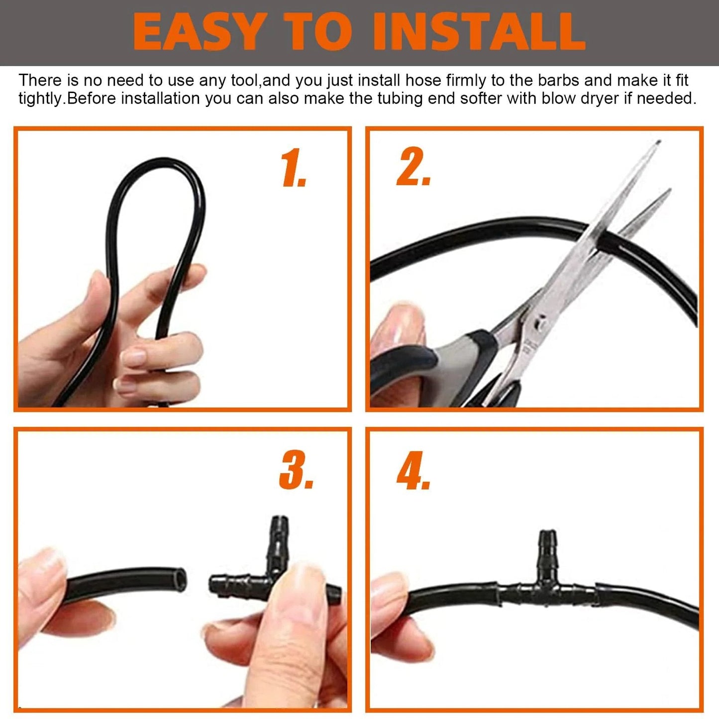 Heat Resistant Nylon Connector Kit For Automotive Vacuum Tubing MINIMARU 119 Pcs installation instructions showing hand-held scissors cutting tubing.