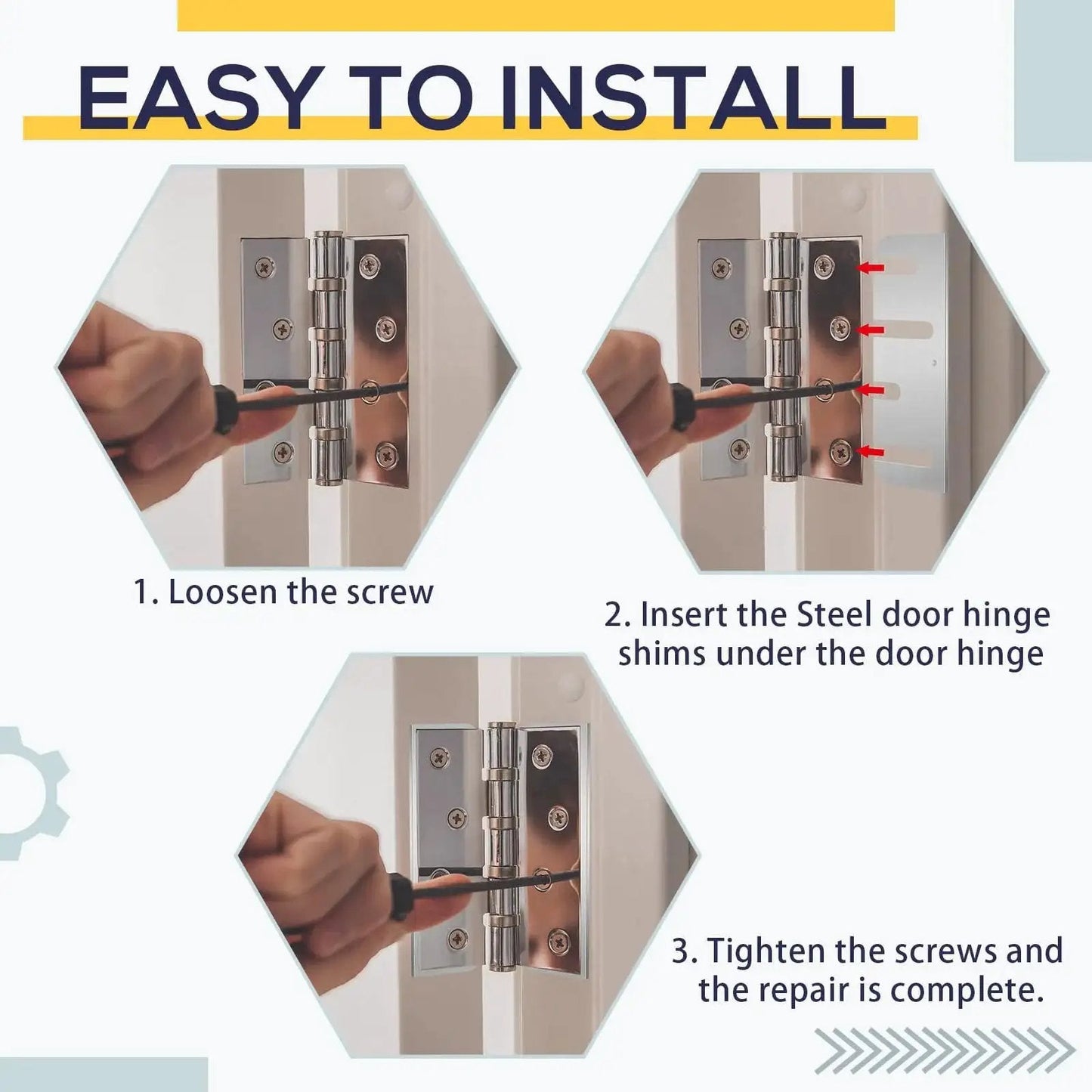 Steps to install Durable Stainless Steel Door Hinge Shims Set With 20 Pieces 4 Inch Silver for quick door repair and squeak-free hinges.