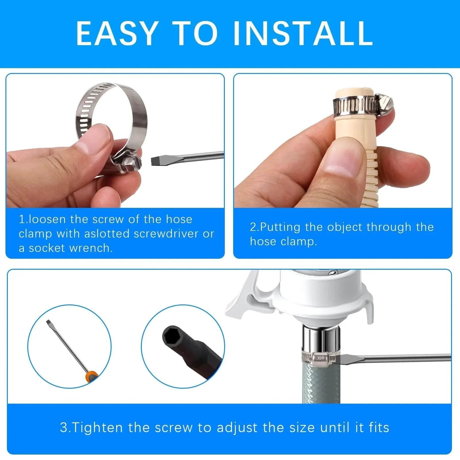 Installation steps for 24 Piece Adjustable Stainless Steel Hose Clamps Set Ranging From One Quarter Inch To Two Inches (Six To Fifty One Millimeters) Hose Clamp Assortment Kit For Home Garden And Automotive Use