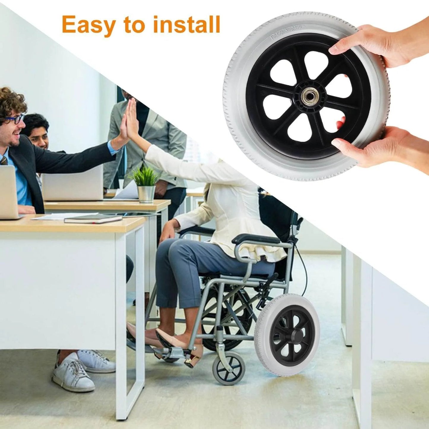 Hands holding 12 inch solid spoked wheelchair replacement wheel showing easy installation, with wheelchair in an office setting, 2 Pack 12 Inch Solid Plastic Spoked Wheelchair Replacement Wheels with Hard Rubber Tires, 0.5 Inch Shaft Aperture and 2.17 Inch Spacing, Durable Mobility Wheels for Manual Wheelchairs, Walkers and Rollators.