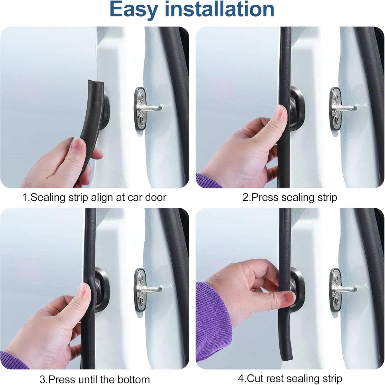 20 Foot Car Door Weather Stripping Kit With Rubber Edge Trim Seal and Side Bulb Gasket showing installation steps on a car door.