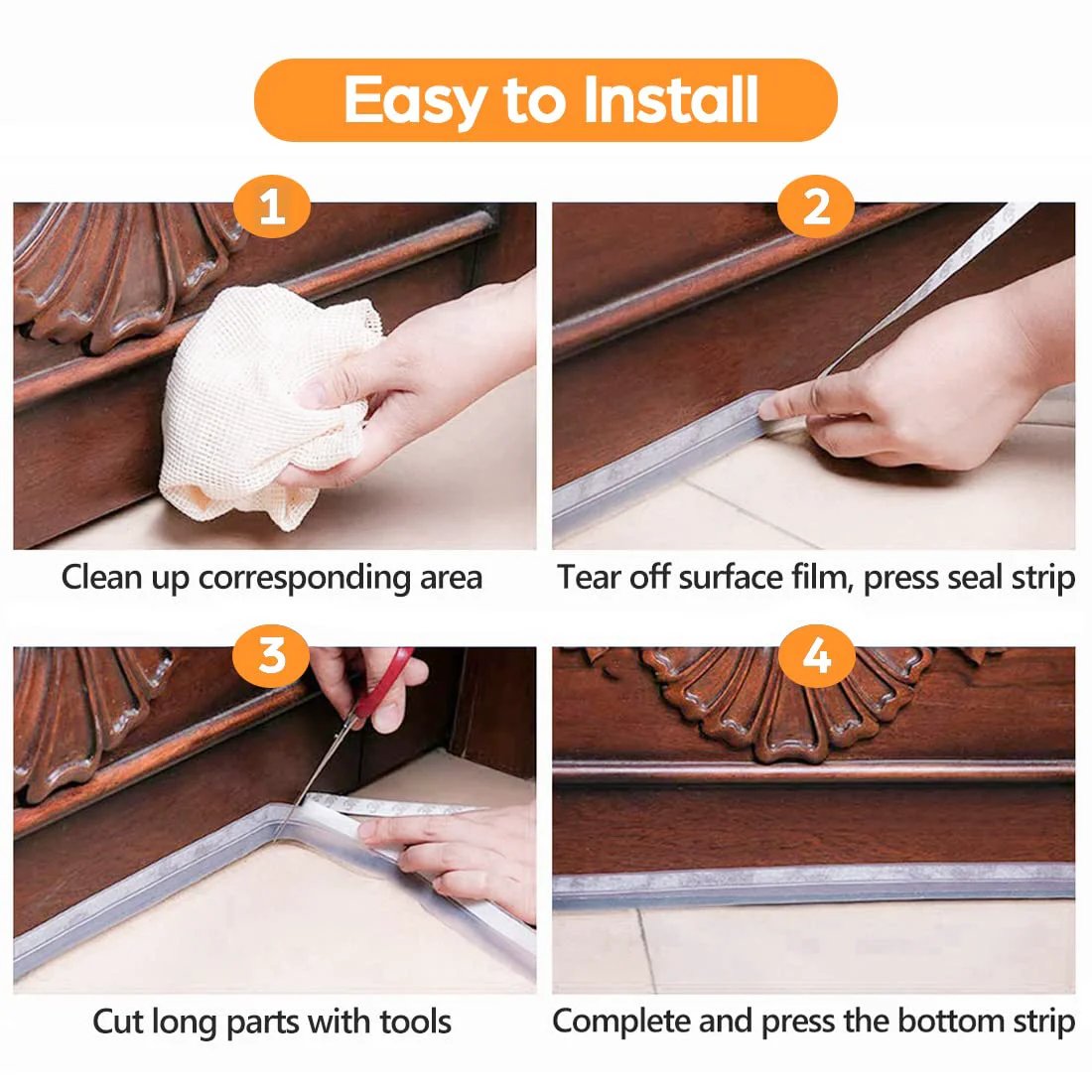 Step-by-step installation guide for Must Have 33.5 Ft Weather Stripping Door Seal Kit for Draft Blocking.