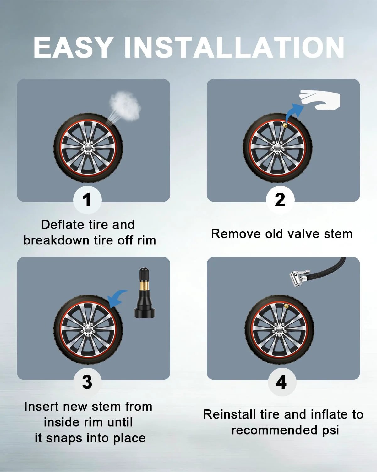 Step-by-step installation guide for 5 Pack TR600 High Pressure Tire Valve Stems Heavy Duty Rubber Snap In for 0.453 Inch Rim Hole.