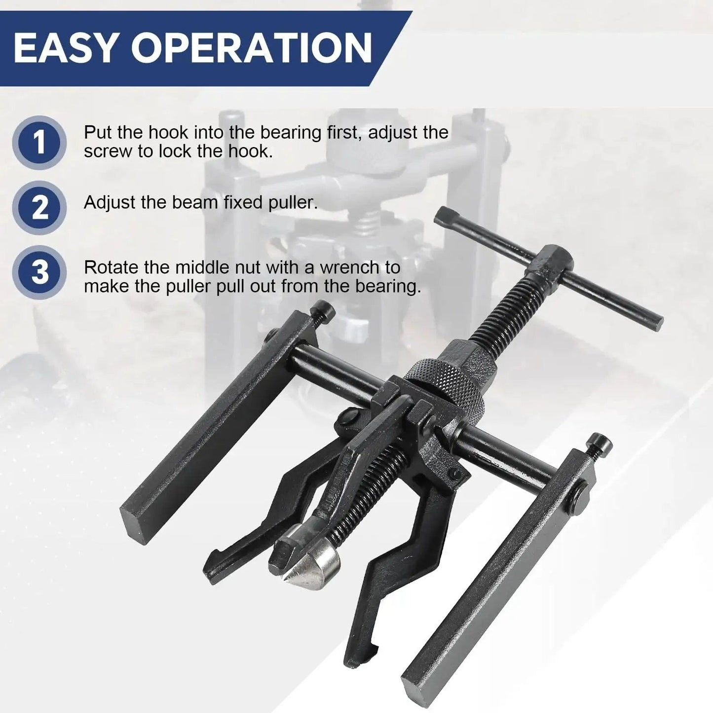 Three Jaw Inner Bearing Puller Set for Blind and Pilot Bearings showing easy operation steps and tool features.