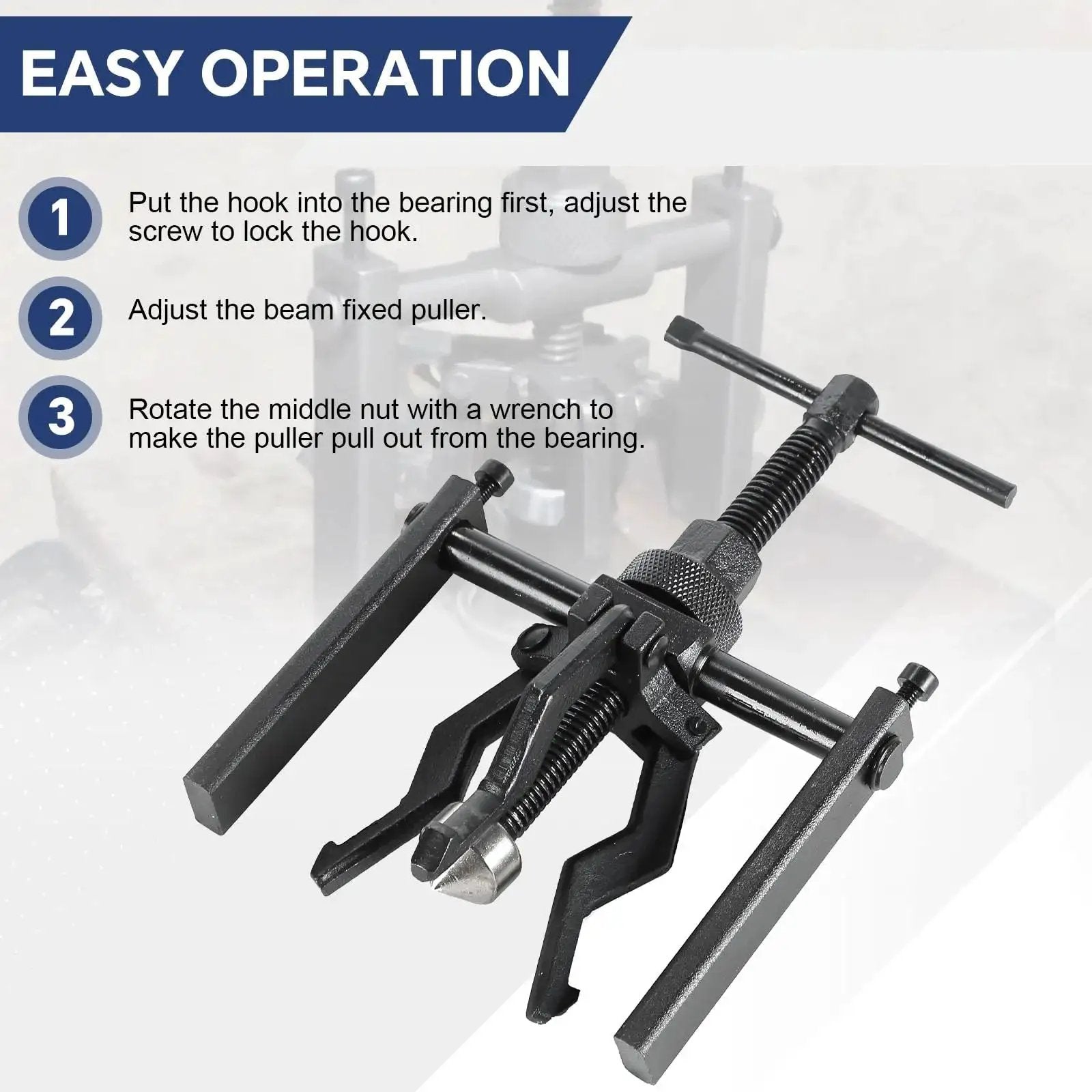 Three Jaw Inner Bearing Puller Set for Blind and Pilot Bearings showing easy operation steps and tool features.