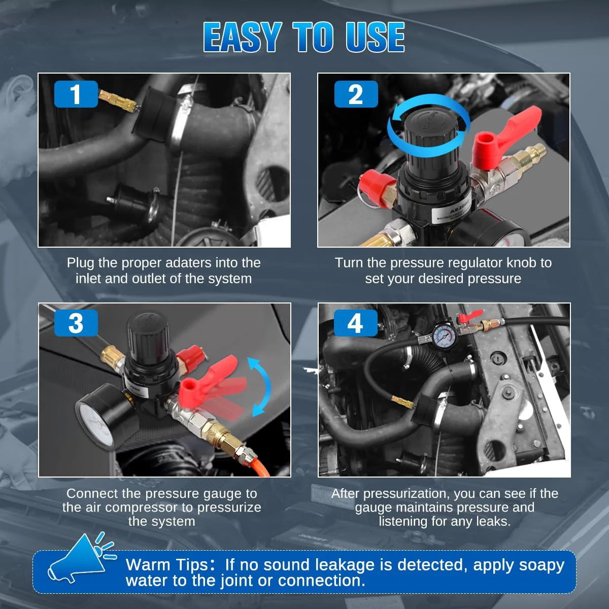 Turbo Boost Leak Tester Kit For Cars And Light Trucks, A 10 Piece Automotive Leak Tester For Turbo, Emission And Cooling Systems With Stepped Adapters From 1 3 8 Inch To 3 1 2 Inch, US And EU Air Fittings, Quick Leak Locator, showing usage steps with gauges and connections.