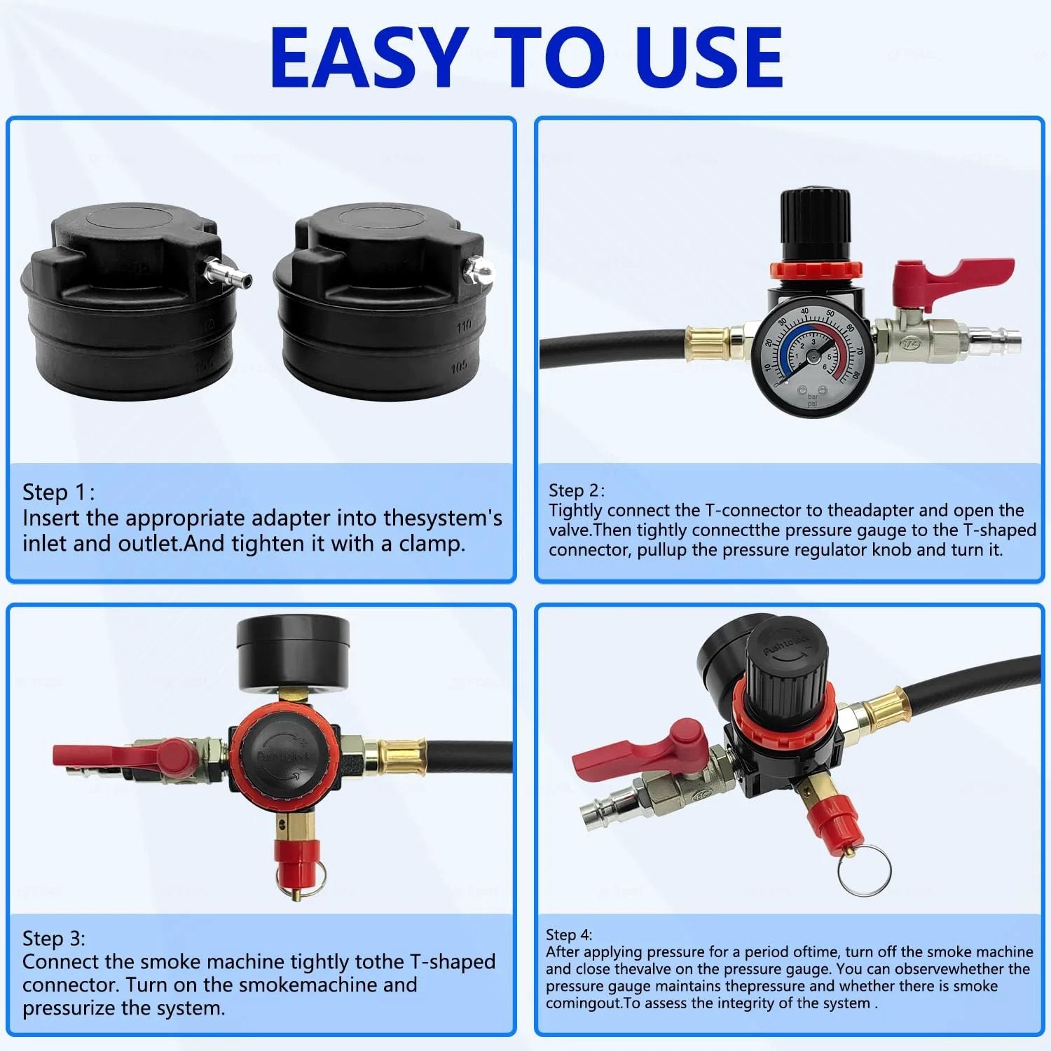 Instructions for using the Pro Grade Turbo Leak Tester Kit For Boost Systems And Emissions, 19-Piece Set from ZKTOOL.