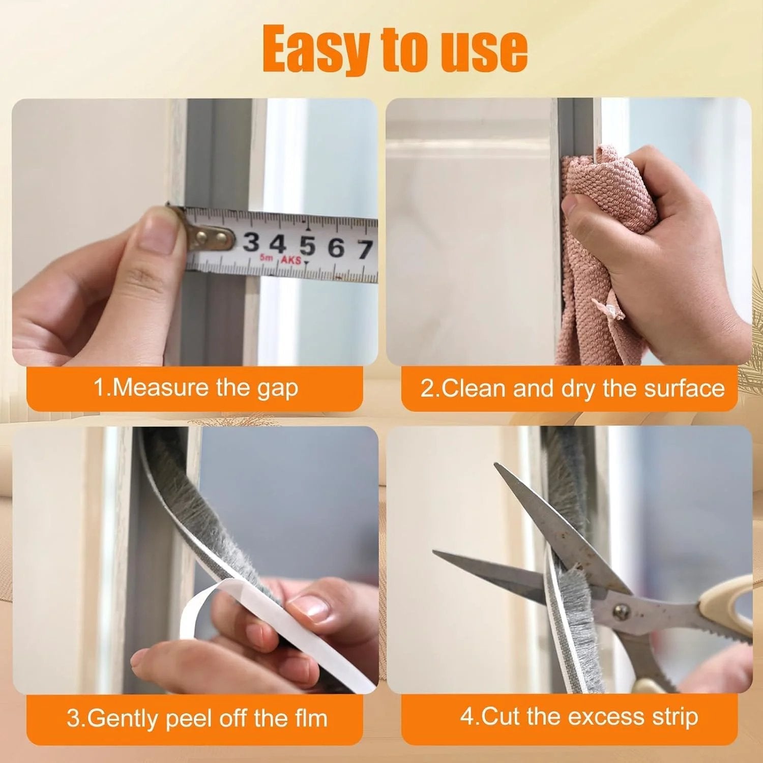 Steps showing how to install Weather Stripping For Doors And Windows Self Adhesive Door Seal; measuring, cleaning, peeling, cutting.