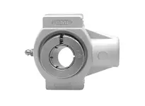 Front view of UENTPL207-20MZ20RFCW 1-1/4 in Kanigen Accu-Loc RF white take-up open cover single-row bearing unit suitable for industrial use.