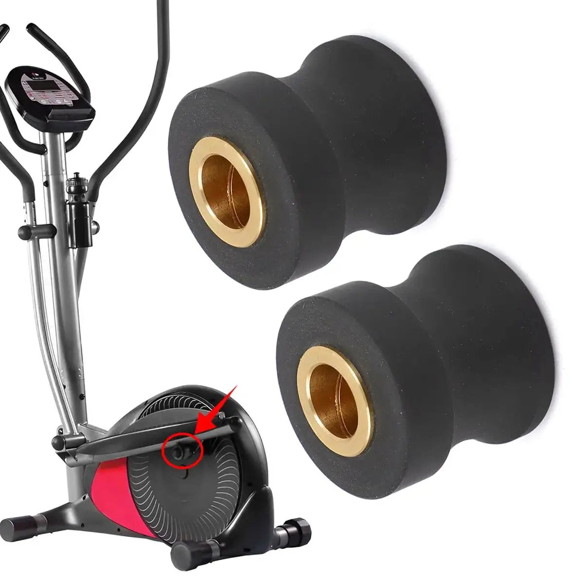 Replacement Roller Wheels For Eclipse 1100HR A Elliptical Pair with Enhanced PU and Spiral Grooved Bronze Bushing next to elliptical machine