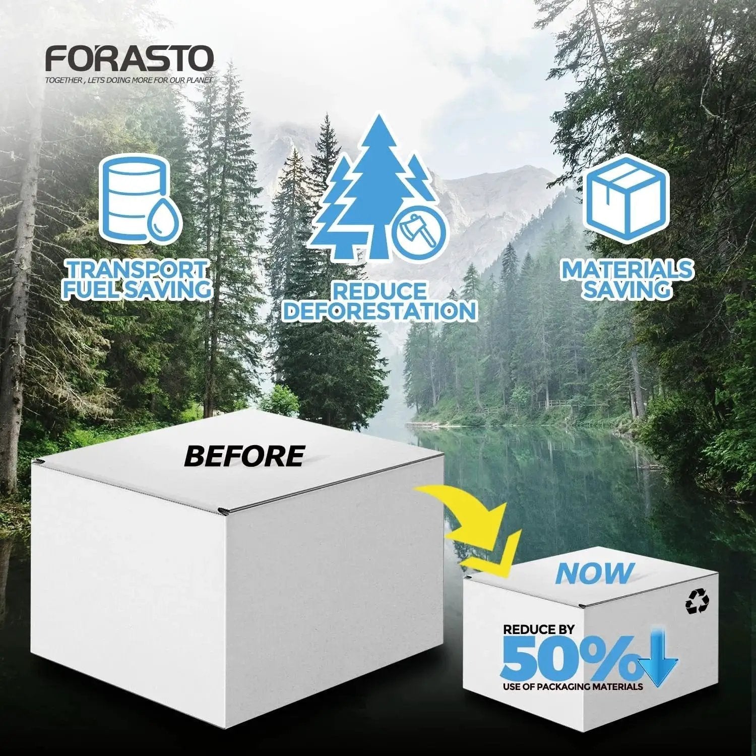 Infographic showing packaging benefits with trees and boxes, highlighting transport fuel savings, reduced deforestation, and material savings.