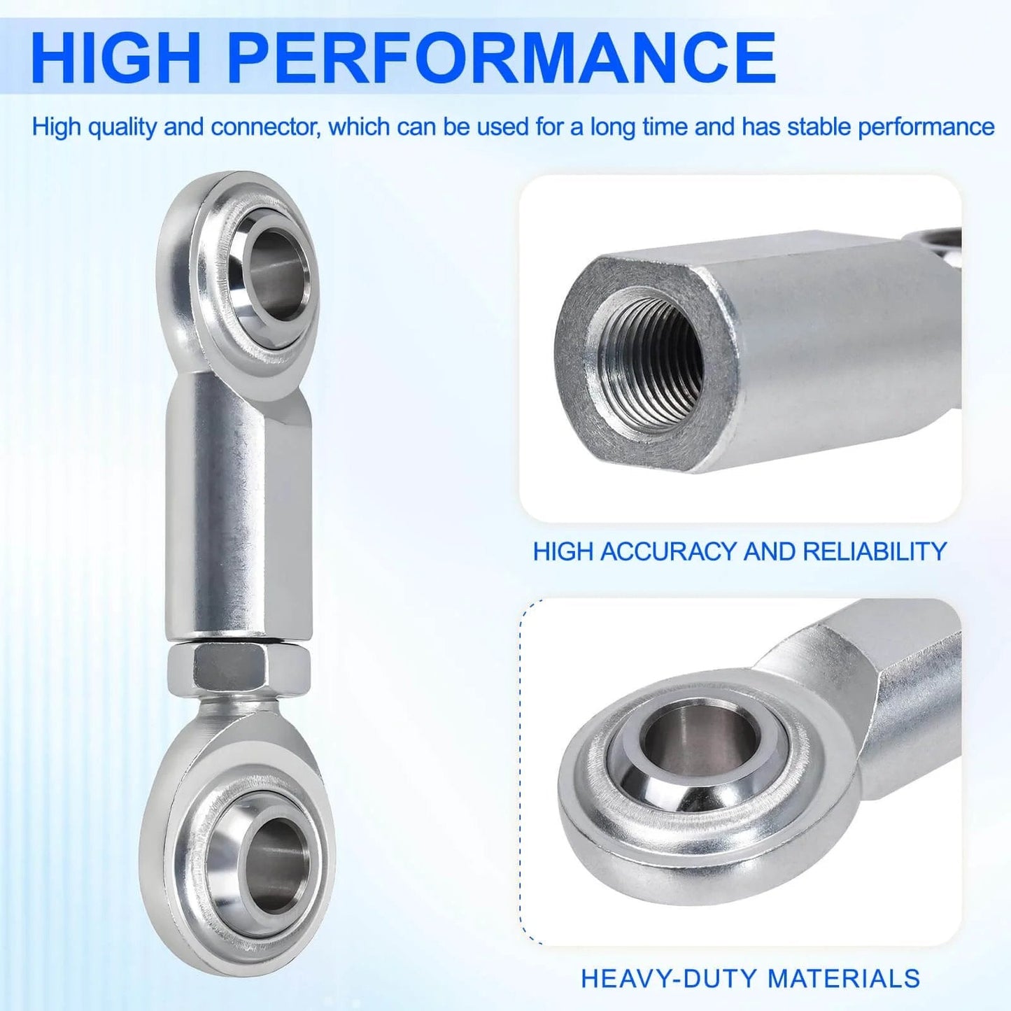 Close-up of economy adjustable heim joint rod end kit with right hand 1/2-20 thread, showing male and female ends, precision steel construction.