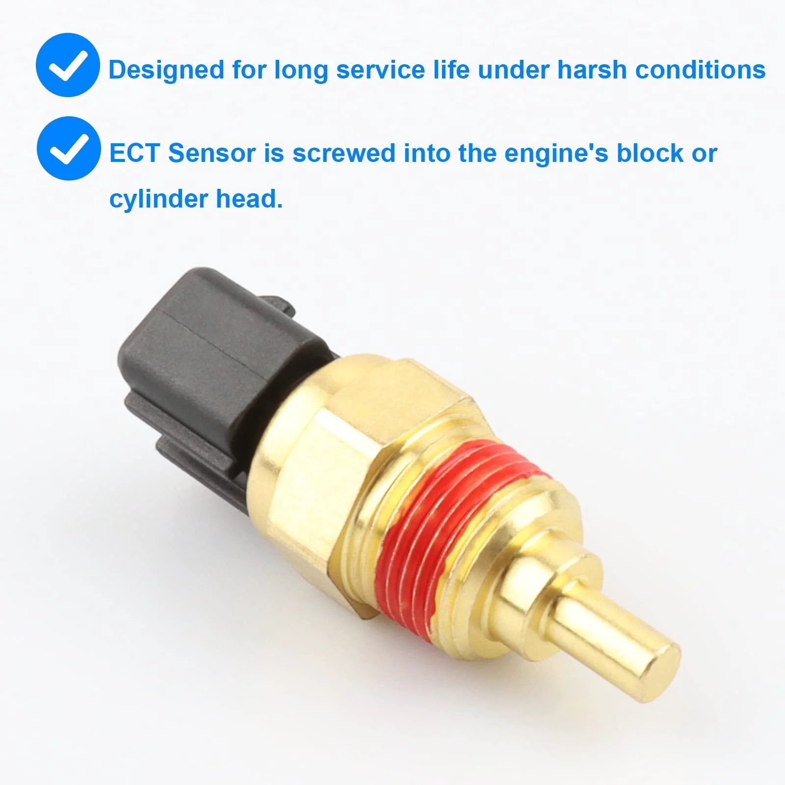 Front view of Durable Replacement Budget Friendly Coolant Temperature Sensor For Hyundai And Kia Vehicles ECT Temperature Sensor 39220 38030. Brass and red design.