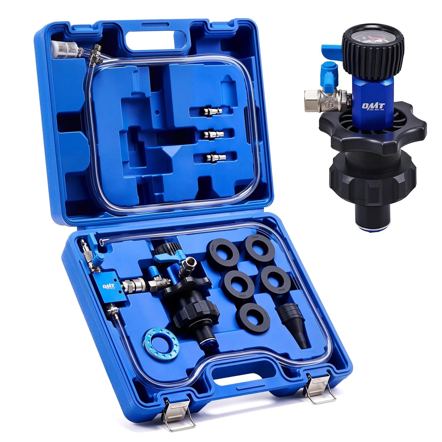 Efficient Coolant Vacuum Refill Kit For Cars With Leak Detector And Dual Movement Gauge Radiator Fill Tool with blue case and adapters.