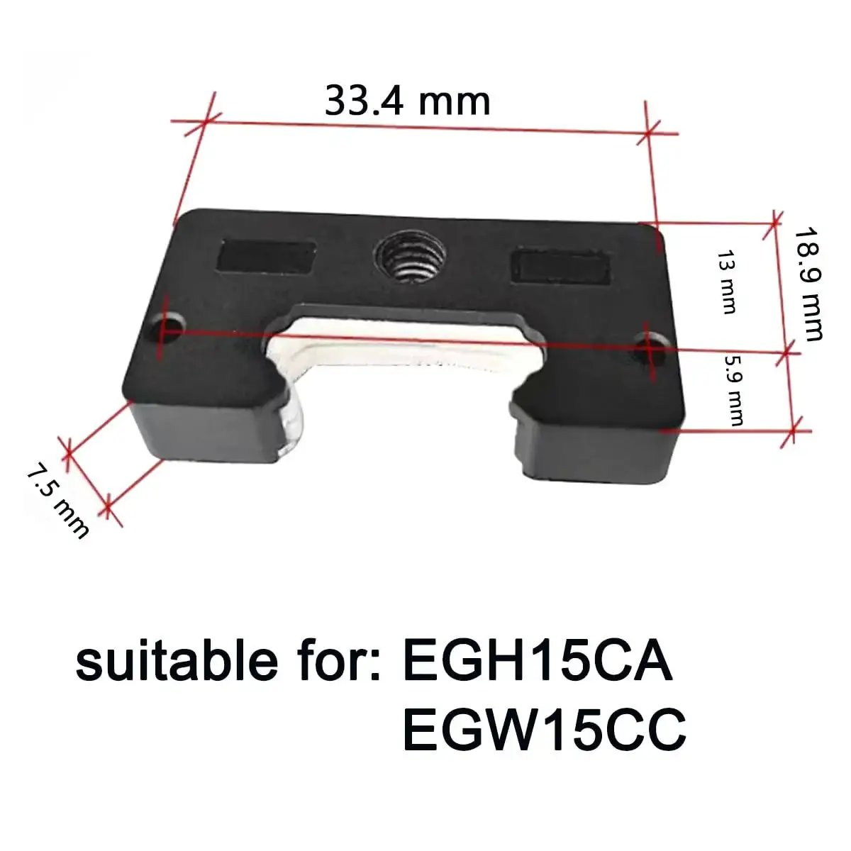 Front view of 15mm EGW15CC linear slider block kit dimensions suitable for EGH15CA, shown with measurements.