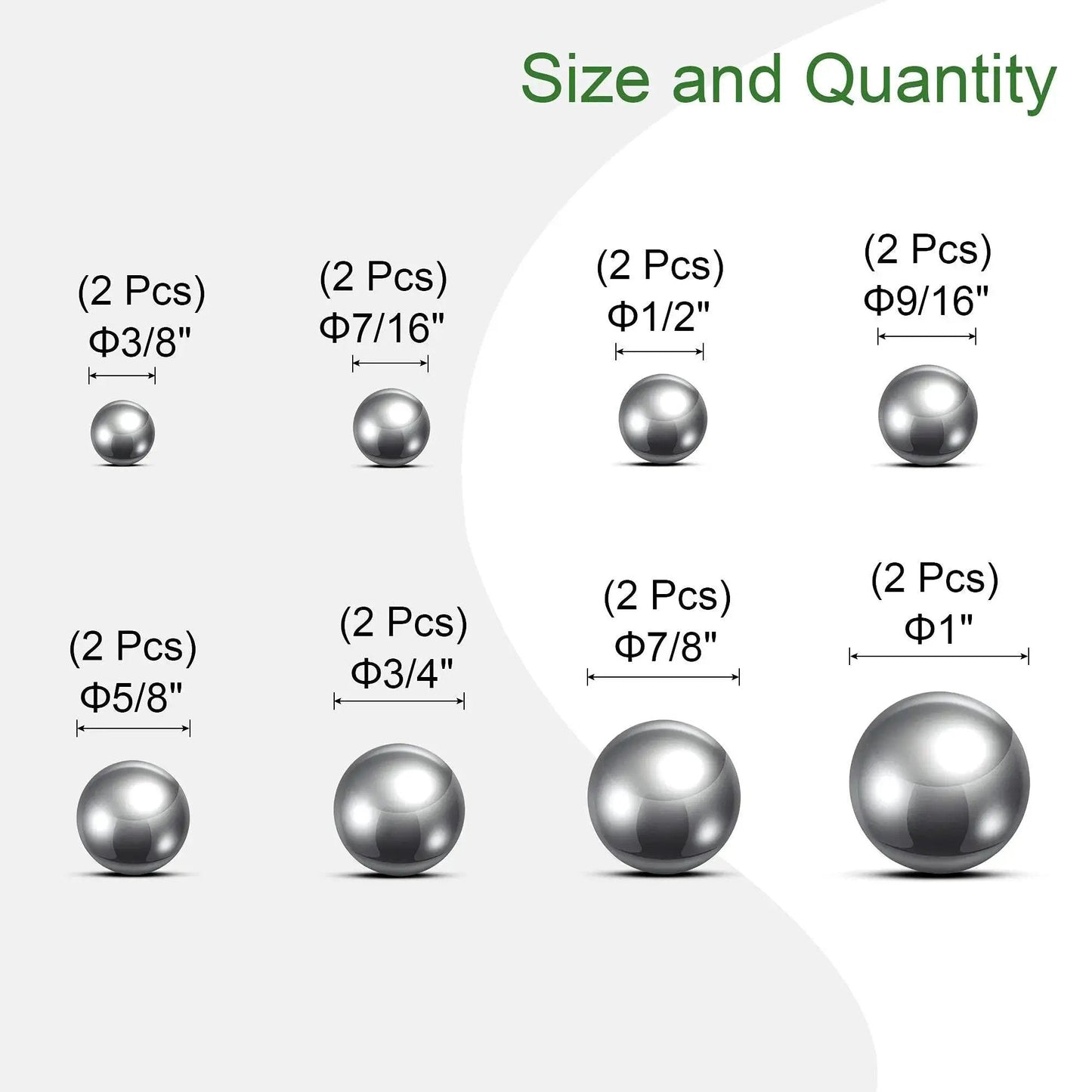Size chart of Eight Size Bearing Ball Set 16 Pieces In 304 Stainless Steel For Bearings Gears Hubs And Machinery, from 3/8 to 1 inch.