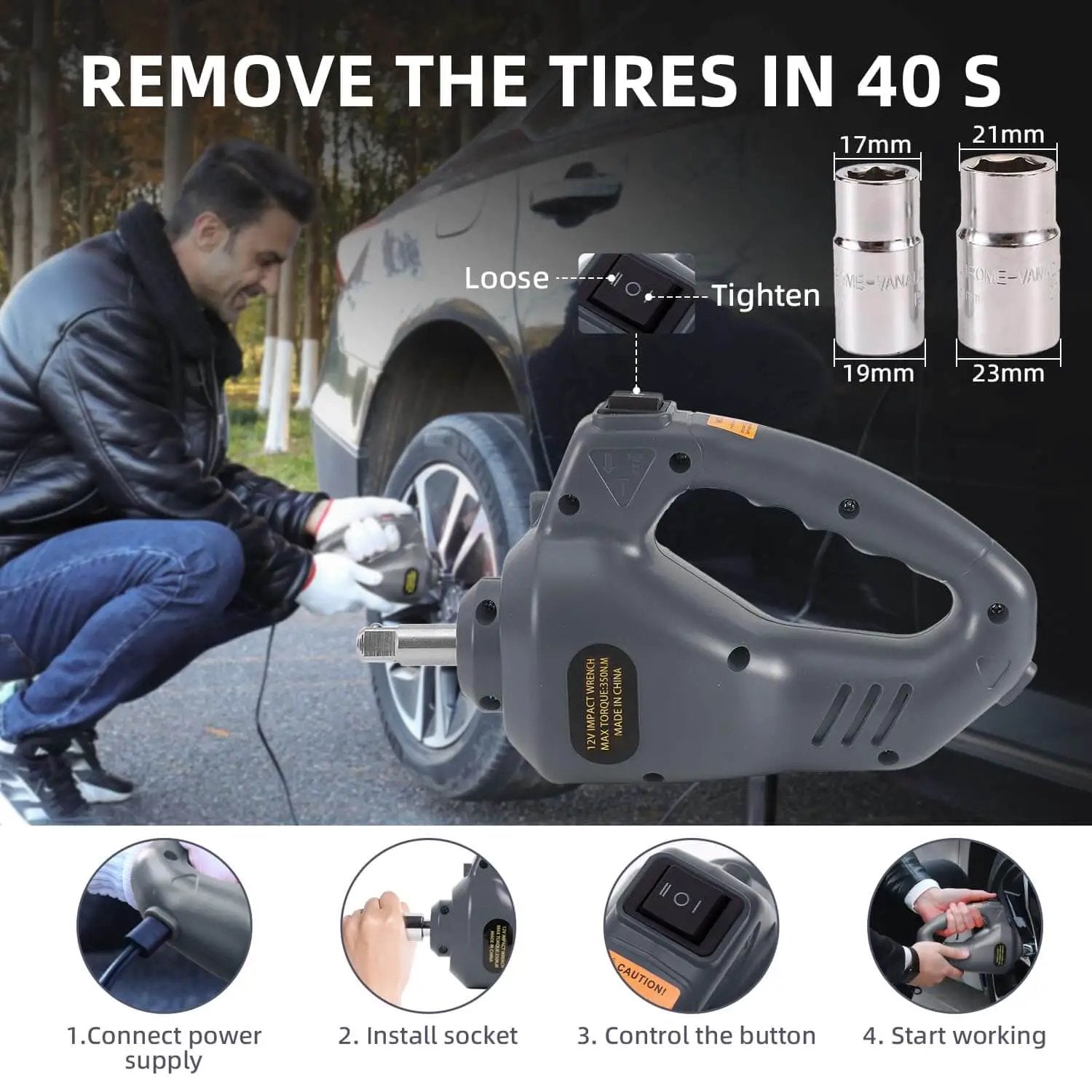 Man using Portable 5 Ton 12V Electric Car Jack Kit With Hydraulic Floor Jack Impact Wrench And Built In 150 PSI Tire Inflator