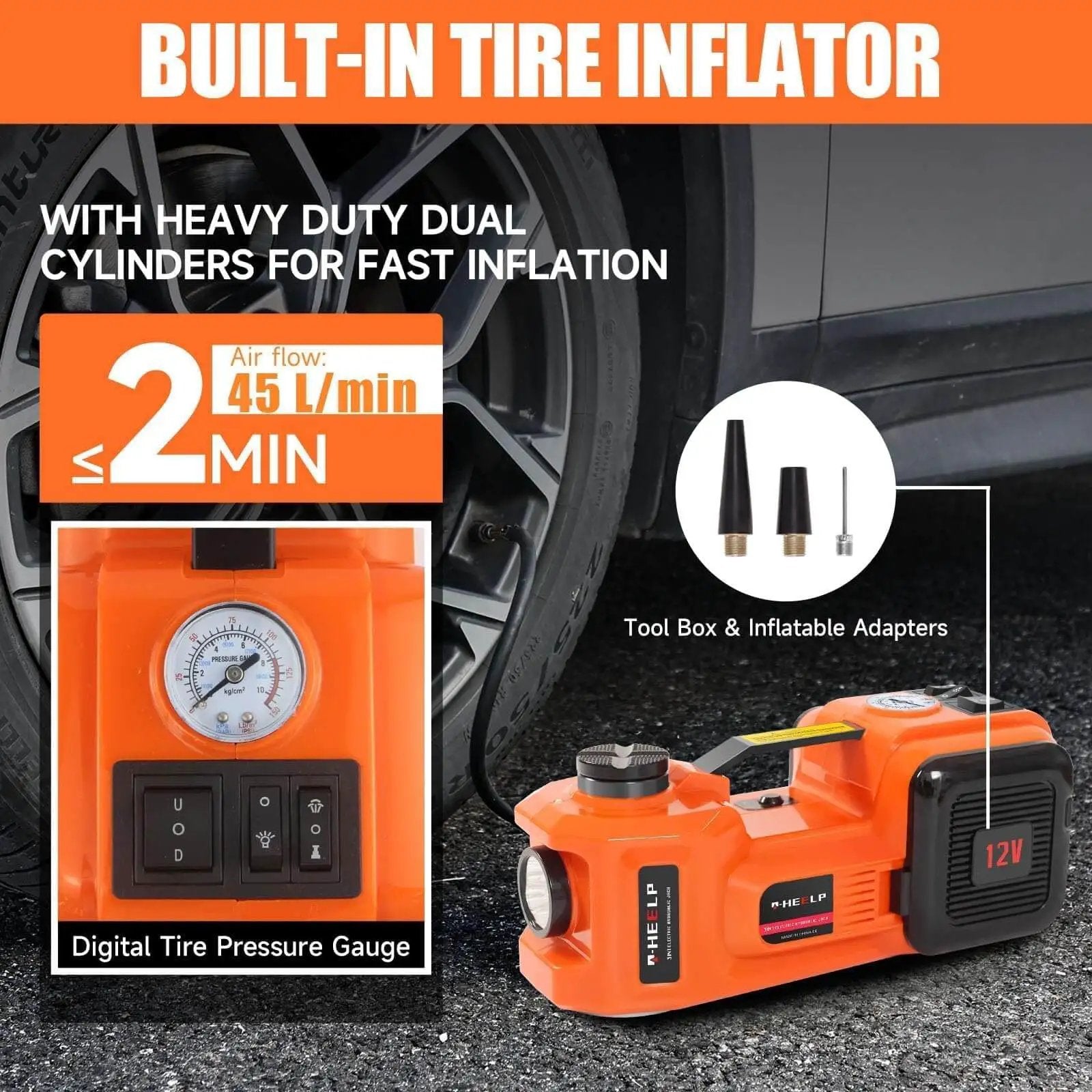 Fast 5-Ton Electric Car Jack Kit With 12V Hydraulic Lift And Impact Wrench For SUV MPV Sedan And Truck featuring built-in tire inflator