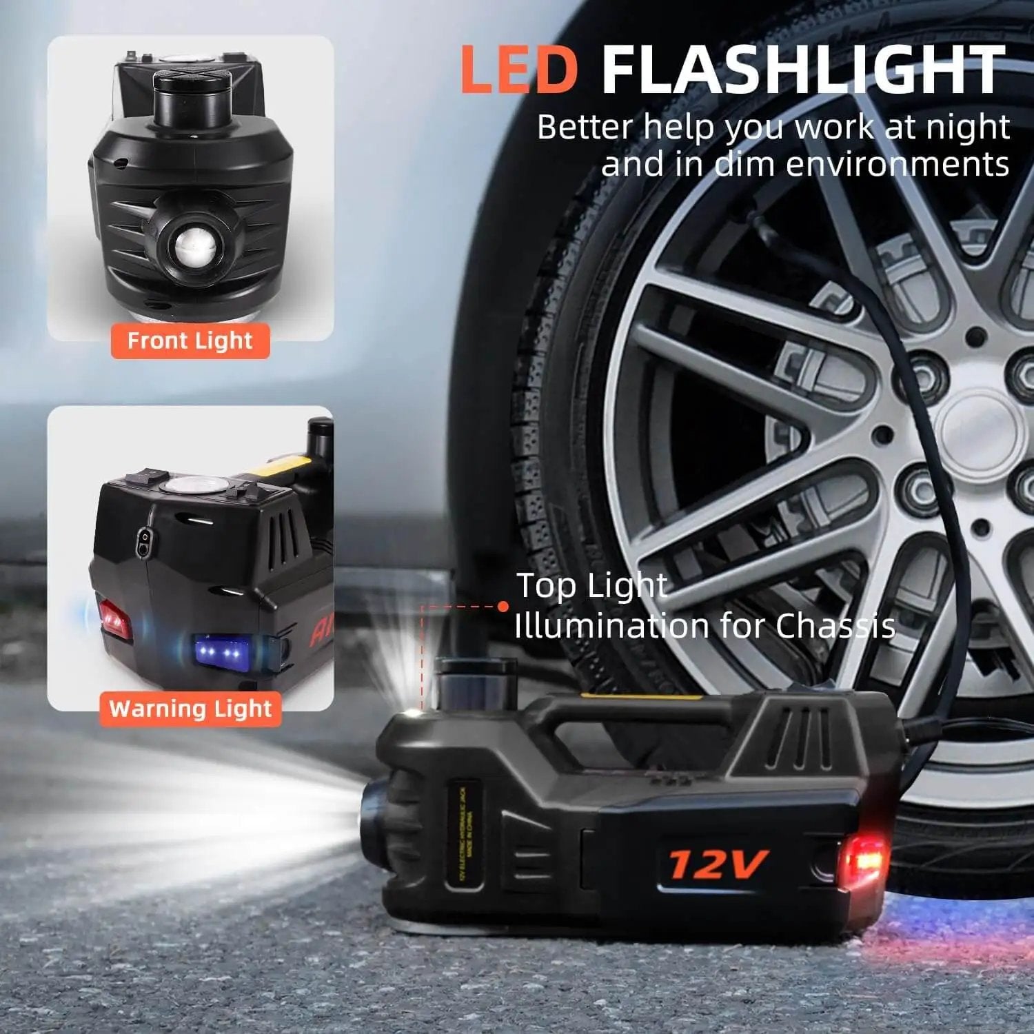 Electric Car Jack 5 Ton 12V Floor Jack With Inflator Pump Portable Hydraulic Lift For Cars SUVs Sedans MPVs Tire Change LED Light Your Go To Tire Replacement And Home Garage Use FEANISIFEI standing beside car tire with LED light on