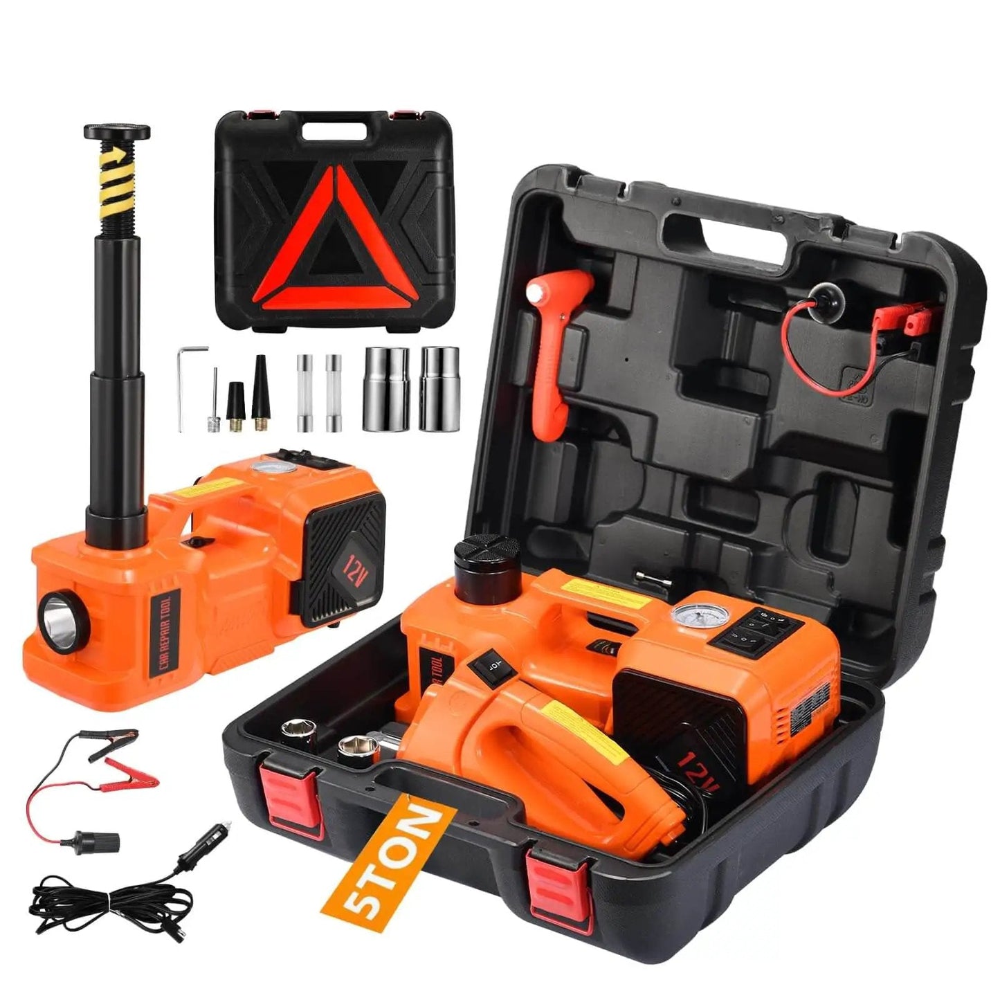 All In One 5 Ton Electric Car Jack Kit With 12V Portable Hydraulic Floor Jack Impact Wrench Tire Inflator Pump And LED Light For SUVs And Sedans Lifting Height 6 To 17.7 Inches Fast Lift For Quick Tire Changes shown in open case with accessories