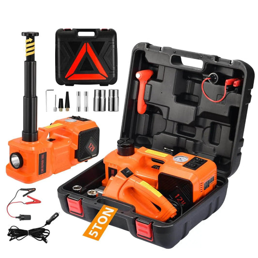 All In One 5 Ton Electric Car Jack Kit With 12V Portable Hydraulic Floor Jack Impact Wrench Tire Inflator Pump And LED Light For SUVs And Sedans Lifting Height 6 To 17.7 Inches Fast Lift For Quick Tire Changes shown in open case with accessories