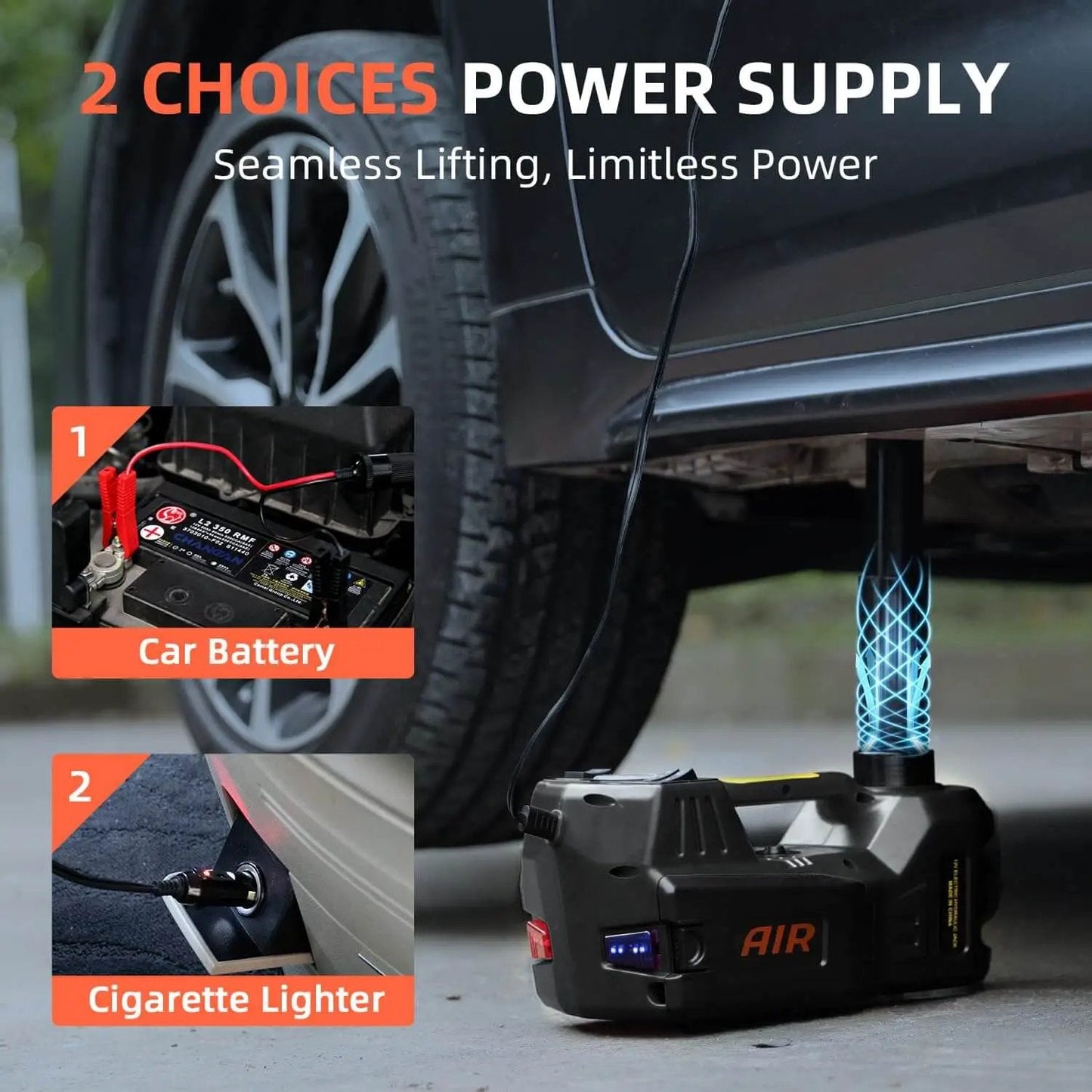 Electric Car Jack 5 Ton 12V Floor Jack With Inflator Pump Portable Hydraulic Lift for cars shown lifting vehicle