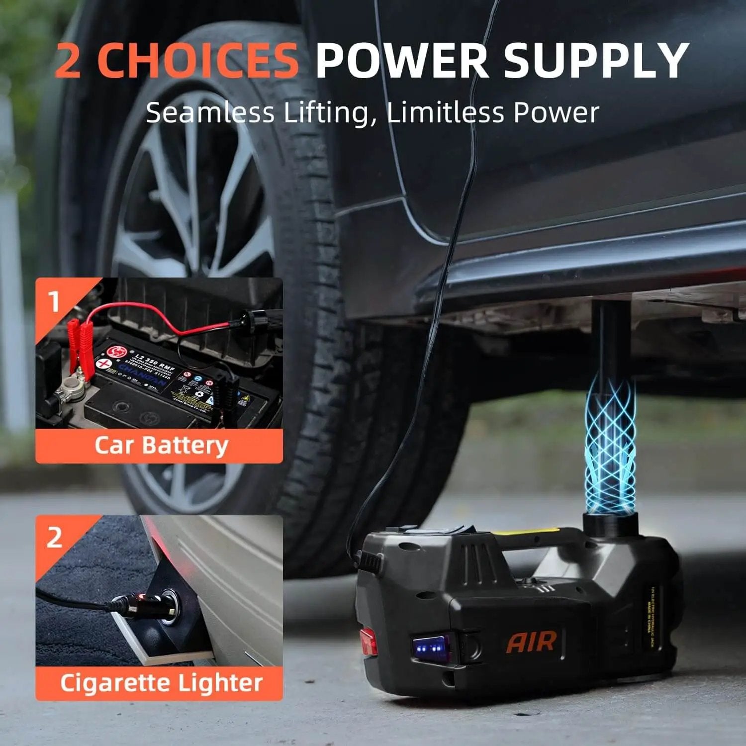 Electric Car Jack 5 Ton 12V Floor Jack With Inflator Pump Portable Hydraulic Lift for cars shown lifting vehicle