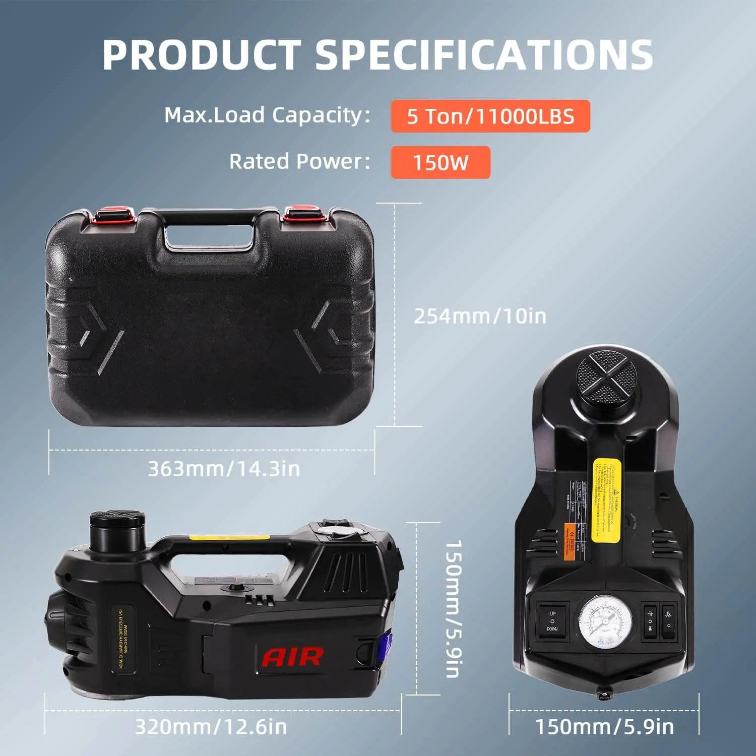 Specifications and dimensions of Electric Car Jack 5 Ton 12V Floor Jack With Inflator Pump, including carrying case image.