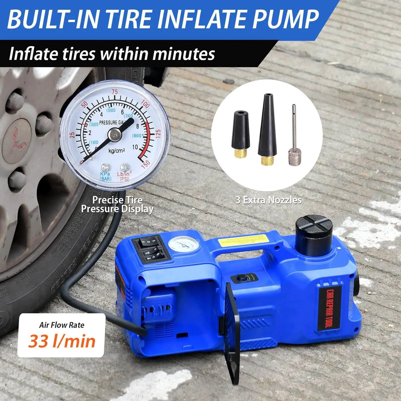 Powerful 5 Ton 12V Electric Car Jack Kit With Built In Inflator And Impact Wrench Heavy Duty Hydraulic Floor Jack For SUV Sedan Truck Lifts Vehicles Fast In Minutes Complete Auto Repair Tool Set In Durable Blue inflating a tire with gauge and extra nozzles.