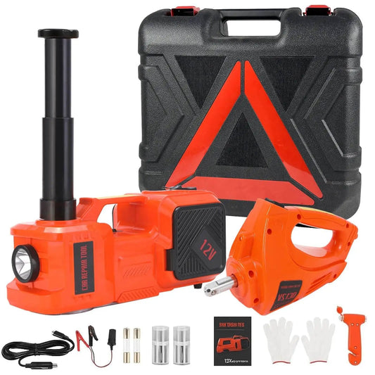 Electric Car Jack Kit 5 Ton 12V Hydraulic Floor Jack With Impact Wrench And Inflatable Pump displayed with accessories and case